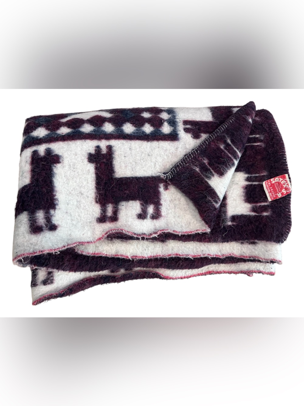 VTG Satex S.A. Ecuadorian Folk Textile Blanket Llama Thick Maroon White 84”x52”